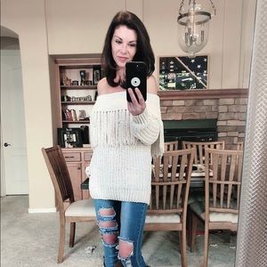 Fringe off the shoulder sweater